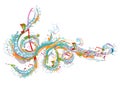 Abstract musical design with a treble clef and colorful splashes, notes and waves. Royalty Free Stock Photo